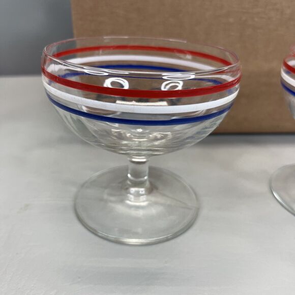 VTG Clear Glass Sherbet Dessert Bowls Footed Dishes Red White Blue Accent Rims - Picture 2 of 9